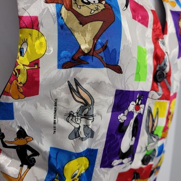 VINTAGE 90s vest Looney Tunes Warner Bros character button up tie back S/M - Picture 3 of 8